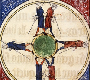 Description: terre circulaire (comme un globe en coupe verticale) avec deux personnages partant du haut en directions opposées et finissant par se rejoindre en bas.